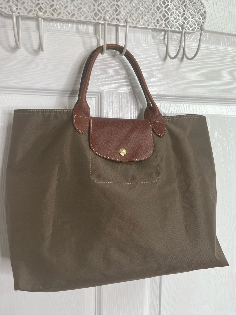Longchamp Le Pliage Cabas Open Tote Bag with Brown Leather Trim